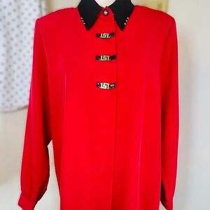 Vintage 80s City Girl Nancy Bolen Red Long Sleeve Blouse Size 12